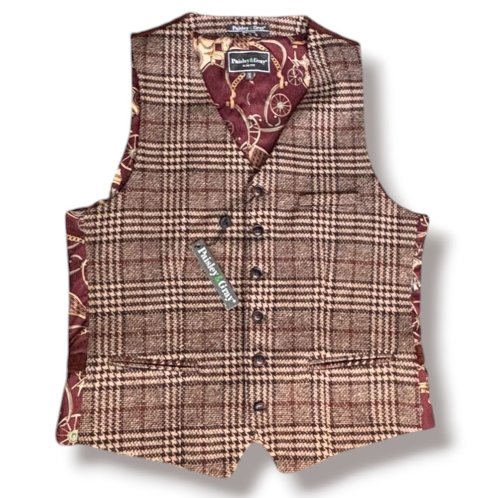 Paisley & Gray Mens Slim Fit Plaid Corduroy Back Vest Brown Burgundy Equstrian